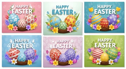 Fototapeta premium Set of six colorful Happy Easter greeting cards featuring decorated eggs in nests with spring flowers.