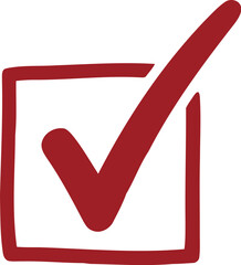 Red hand-drawn check mark inside square box isolated on white background for approval and selection concepts