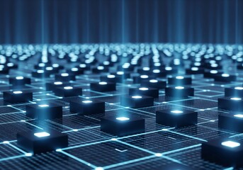Obraz premium Abstract Digital Grid With Glowing Blue Cubes and Data Network