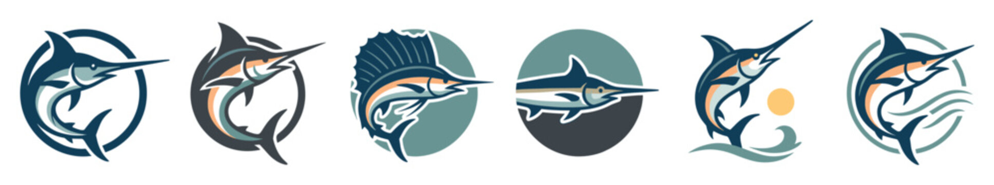 Collection of stylized marlin and sailfish emblems designed as modern vector icons for sport fishing teams, seafood businesses, or ocean-themed brand identity