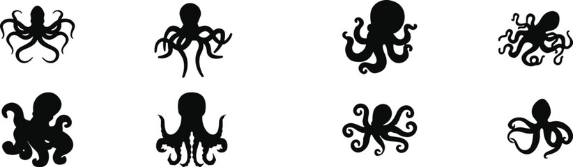 Octopus silhouette icon variations with marine life and ocean theme for decorative and logo design - black vector illustration set © MoonMoonAktar