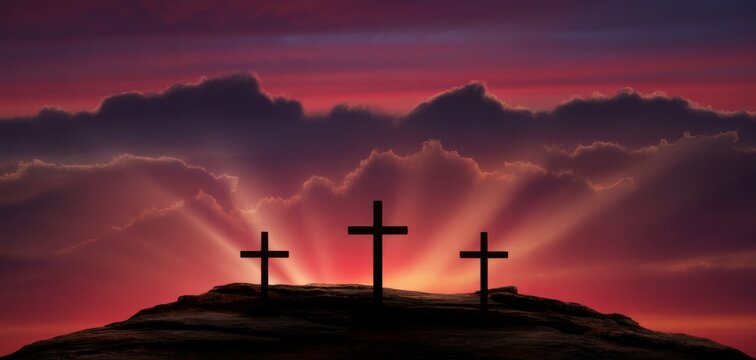 Sunset Silhouette of Three Crosses: A serene image showcasing three crosses silhouetted against a dramatic sunset, evoking themes of faith, sacrifice, and hope.