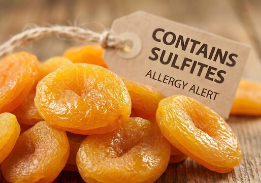 Close up of dried apricots with contains sulfites allergy alert tag on rustic wooden table Generative AI