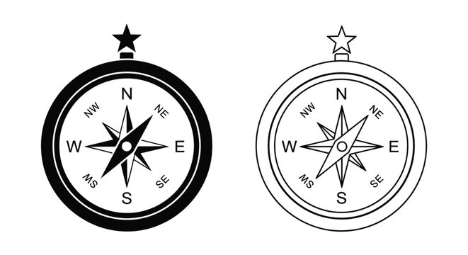 Two compasses displaying cardinal directions a striking black silhouette
