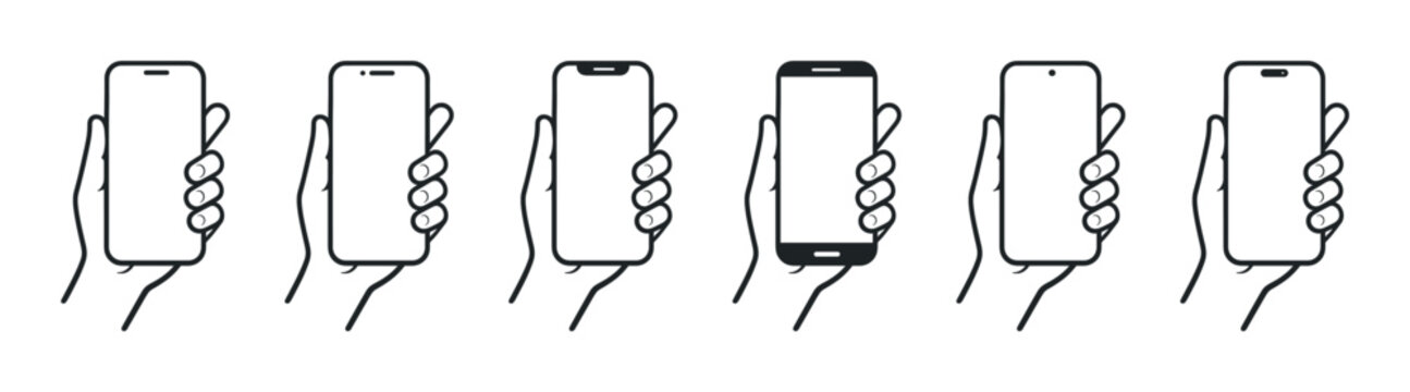 Hand holding smartphone icon set, mobile phone touch gestures, minimal outline vector collection on transparent background
