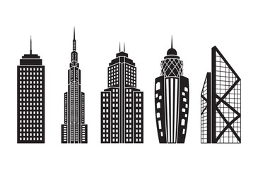 Collection of five modern city skyscraper buildings on transparent background, showcasing diverse architectural styles and designs suitable for urban landscapes and business themes © Amdadul