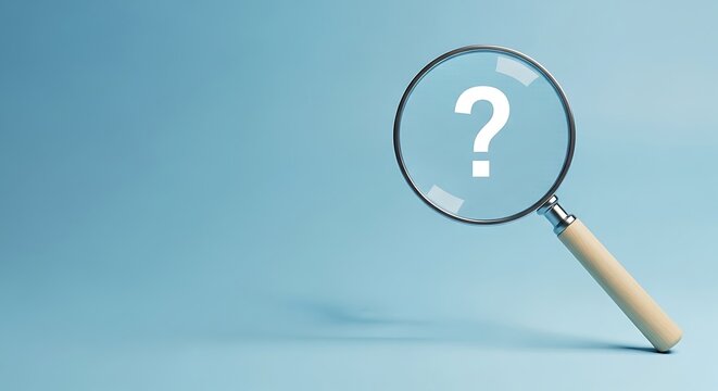 Magnifying Glass Hovering Over a White Question Mark on Blue magnifying glass, question mark, white