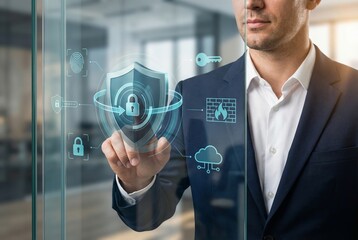 Businessman using digital interface for cyber security data protection and network privacy