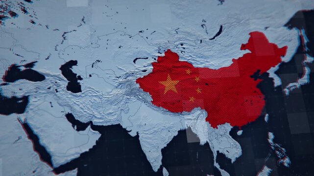 Aerial flyover of a 3D map of China. The view includes mainland China, the island of Taiwan, and the coastal waters of the South China Sea, highlighting the country's territorial integrity. 