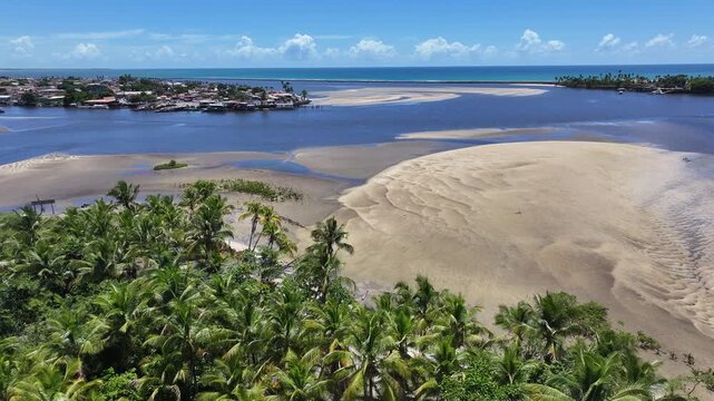Porto Seguro Skyline At Porto Seguro In Bahia Brazil. Beach Landscape. Beautiful Coastline. Travel Destination. Porto Seguro Skyline In Porto Seguro In Brazil. Mangrove Sand Bank. Brazil Northeast.