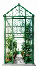Fototapeta premium Green Greenhouse Structure with Glass Panels and Plants Indoors Sunny Day