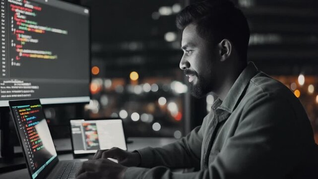 Focused software developer working late at night on multiple screens with coding projects.