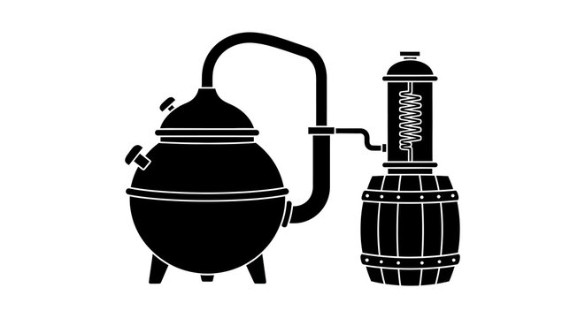 Vintage distilling apparatus illustration with a pot condenser and barrel