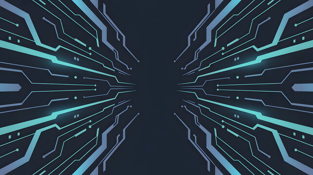 Circuit board lines converging towards a central point with technology and future themes.