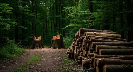 Fototapeta premium A forest path leads to carved log chairs beside a pile of freshly cut timber