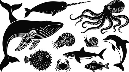 Sea life and garden animal silhouette collection with sharks octopus jellyfish crabs snails and caterpillars for nature wildlife and marine biology design
