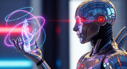Fototapeta premium Futuristic robot interacts with a glowing holographic hand representing artificial intelligence and human connection.