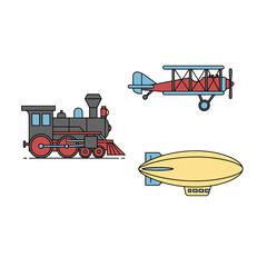 Transportation Vector Illustration Set Featuring Vintage Steam Train Biplane and Zeppelin © Afi