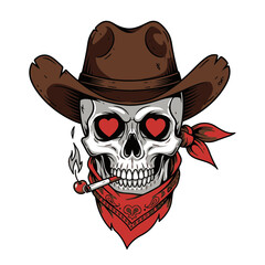 Skull Cowboy Wearing Brown Hat Red Bandana with Heart Eyes Smoking Cigarette Vector