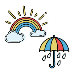 Fototapeta premium Rainbow and Umbrella with Falling Rain Drops on a Dark Background Weather Illustration