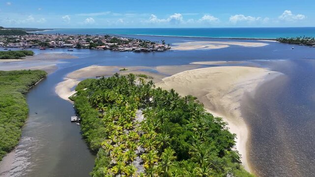 Porto Seguro Skyline At Porto Seguro In Bahia Brazil. Beach Landscape. Beautiful Coastline. Travel Destination. Porto Seguro Skyline In Porto Seguro In Brazil. Mangrove Sand Bank. Brazil Northeast.