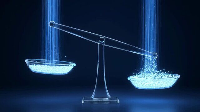 Digital balance scale weighing glowing particles data streams ultra clear glass morphism 3d crystal ui transparent background isolated detail realistic glass effect