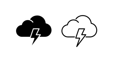 Cloud and lightning bolt icons in black and white, symbolizing weather, storms, and electrical energy