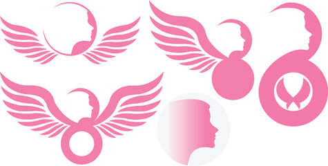 Fototapeta premium 8 March International Women’s Day Women Empowerment Woman Silhouette Female Logo Feminine Symbol Angel Wings Girl Power Vector Illustration Set