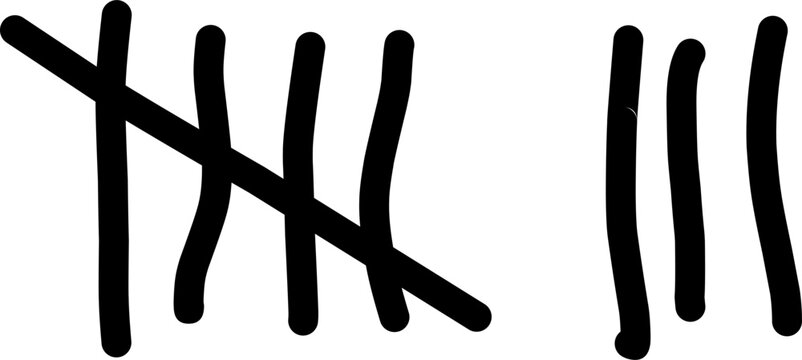 Hand drawn tally marks counting symbol in black ink. Minimal sketch style stroke lines isolated on white background, concept of score record.