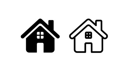 Fototapeta premium Black and white icons of two houses, one solid and one outlined, showing a chimney and window. Vector art for real estate.