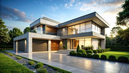 Fototapeta premium Large modern house with glass windows and triple garage at sunset in a landscaped garden