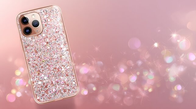 A sparkling rose gold phone case with glitter on a soft pink background. The case features a shiny, reflective surface with colorful bokeh effects.