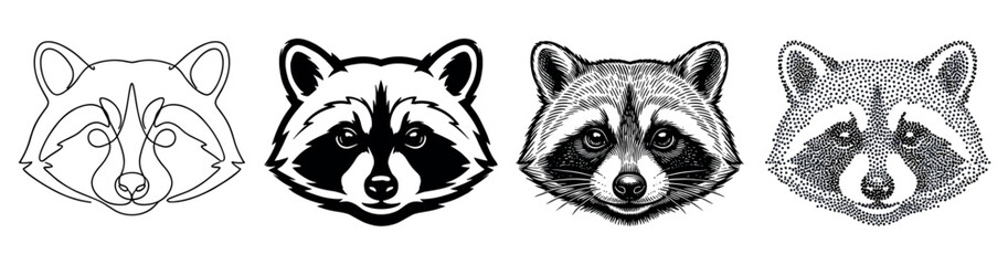 Fototapeta premium Set of four raccoon head portraits in various black and white graphic styles including minimalist line art, bold stencil, detailed engraving, and dotwork stippling