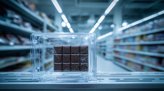 Chocolate Bar Display in Store: A dark chocolate bar is elegantly showcased within a clear display case, against the backdrop of a well-stocked store aisle.