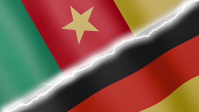 Two waving flags Cameroon and Germany with diagonal lightning seamless, 4k loop