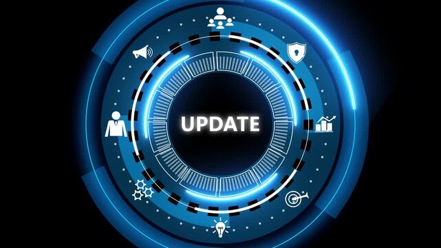 Futuristic blue digital interface with circular HUD ring and the word update in center, surrounded by technology icons for security, cloud, analytics and settings.
