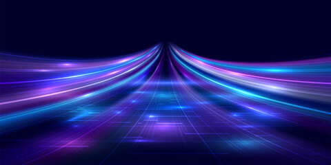 Naklejka na ściany i meble Futuristic digital background with high speed neon light trails over a glowing network grid. Concept of data flow, connectivity and technological innovation. Vector EPS10.