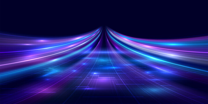 Futuristic digital background with high speed neon light trails over a glowing network grid. Concept of data flow, connectivity and technological innovation. Vector EPS10.
