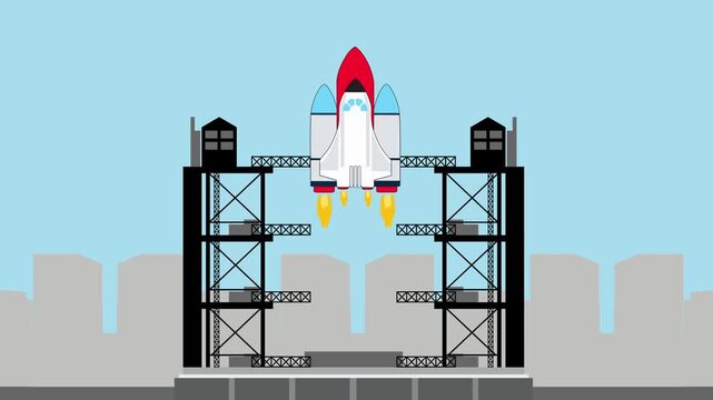 Seamless loop rocket launch animation with Launch Control Center background. Transportation vector Looping animation. easy to use