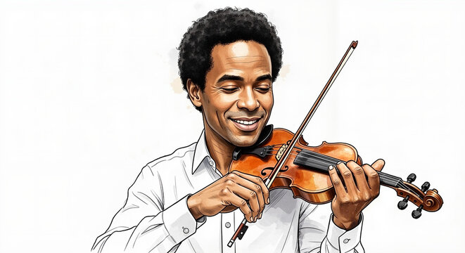 African American musician tuning violin. Isolated on white background.