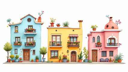 Cartoon Background Quaint, colorful European street scene with whimsical pastel-colored houses, balconies, trees, and flowers.