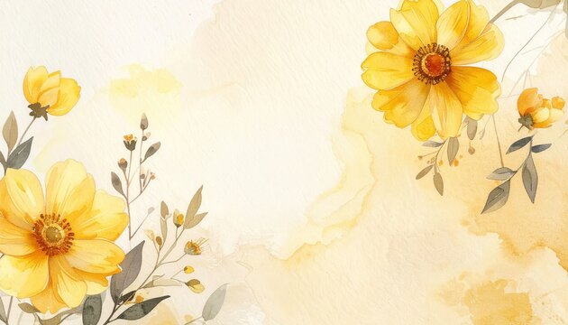 Yellow flowers with green leaves on watercolor background