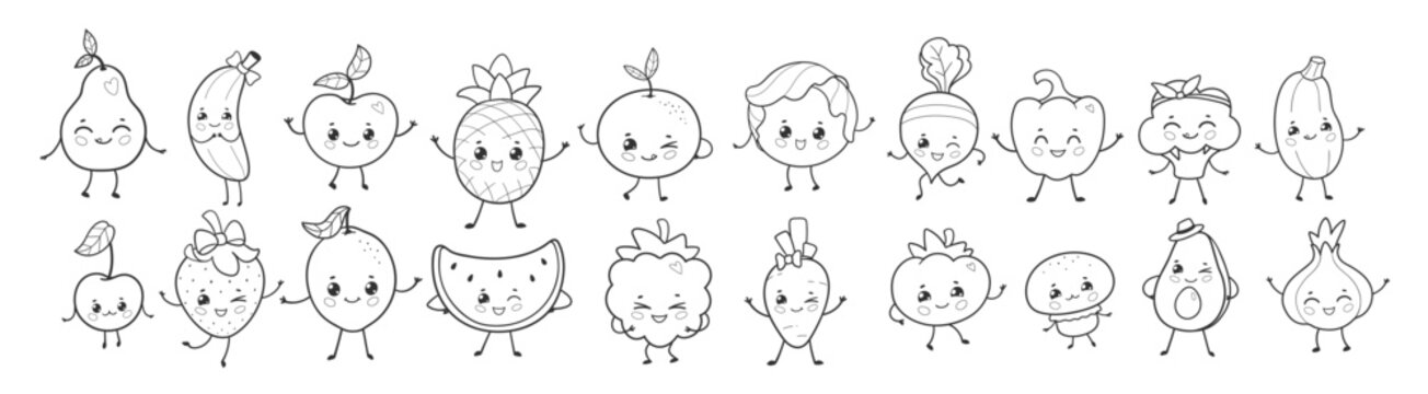 Vector illustration of cute fruits and vegetables with smiling faces. Flat isolated food object collection in line art.