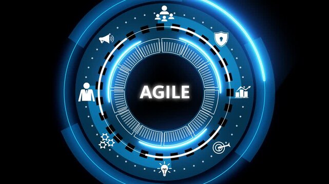 Futuristic blue circular digital interface with the word agile at center, surrounded by business and technology icons on dark background, representing agile methodology and project management.