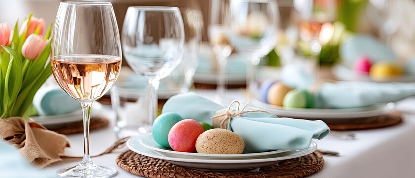 Creative easter table setting with tulips and colored eggs in a modern kitchen for festive gatherings