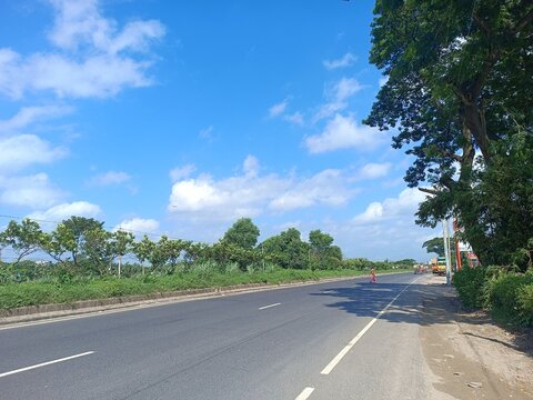 A scenic road with trees and bushes on a sunny day with blue sky