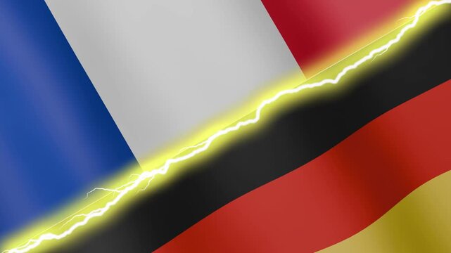 Two waving flags France and Germany with diagonal lightning seamless, 4k loop