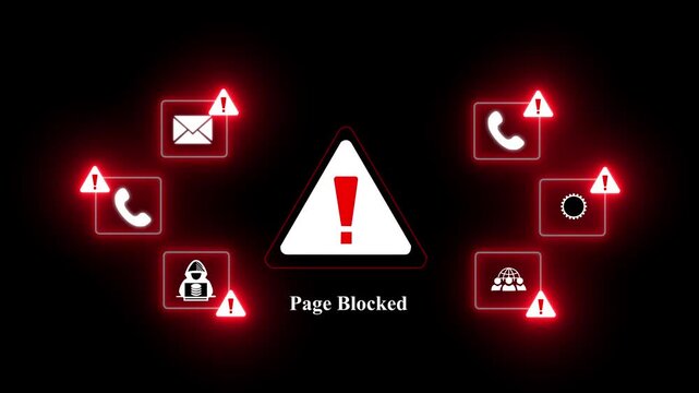 Page Blocked Alert Warning Message Attack on Screen. Wire Frame World map Radar Network Glitch Distortion. Login, Password and Progress Bar Futuristic UI Elements HUD.