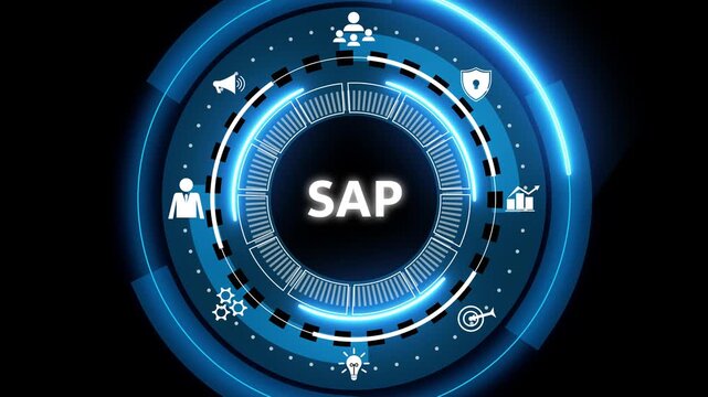 Futuristic blue digital interface with circular HUD showing SAP text in center, surrounded by icons for cloud, security, analytics, settings and business on dark background.