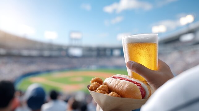 Hand holding a hot dog and beer at a lively baseball stadium, with a vibrant crowd and bright blue sky in the background, capturing game day excitement